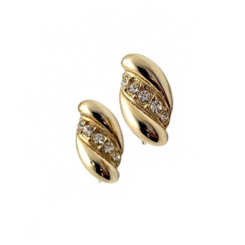 Vintage Gold Tone Rhinestone Clip Earrings Oval Swirl Design 1980s
